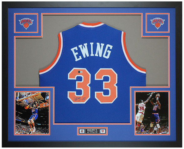 Patrick Ewing Autographed & Framed Blue New York Jersey Auto Beckett Certified