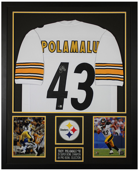 Troy Polamalu Autographed & Framed White Pittsburgh Jersey Auto Beckett Certified