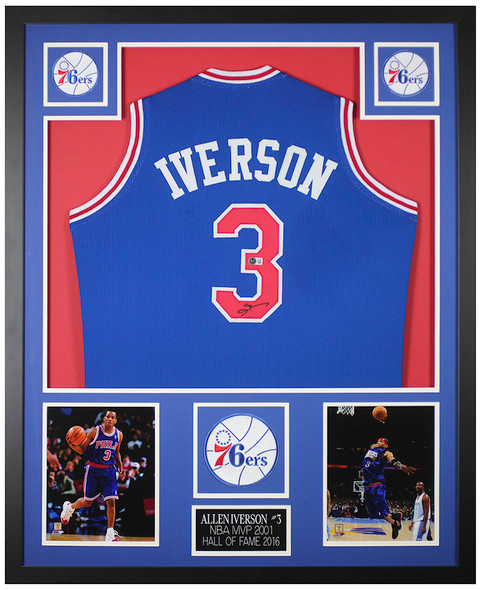 Allen Iverson Autographed & Framed Blue Philadelphia Jersey Auto Beckett Certified