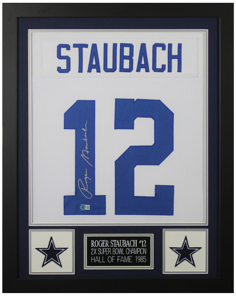 Roger Staubach Autographed & Framed White Dallas Jersey Auto Beckett Certified