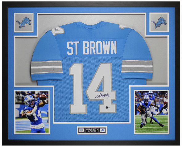 Amon-Ra St Brown Autographed & Framed Blue Detroit Jersey Auto Beckett Certified