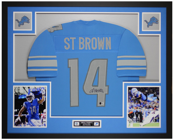 Amon-Ra St Brown Autographed & Framed Blue Detroit Jersey Auto Beckett Certified