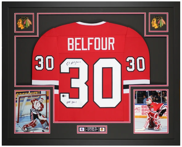 Ed Belfour Autographed & Framed Red Chicago Jersey Auto Beckett Certified