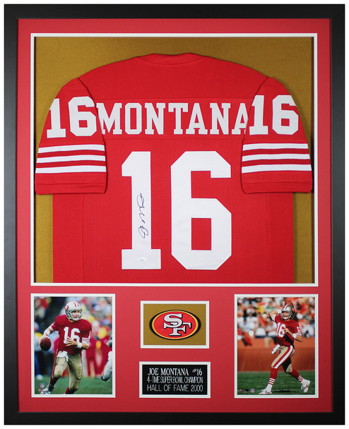 Joe Montana Autographed and Framed Red San Francisco 49ers Jersey Auto JSA COA