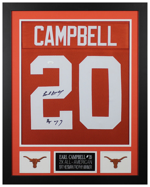 Earl Campbell Autographed HT 77 & Framed Orange Texas Longhorns Jersey JSA COA