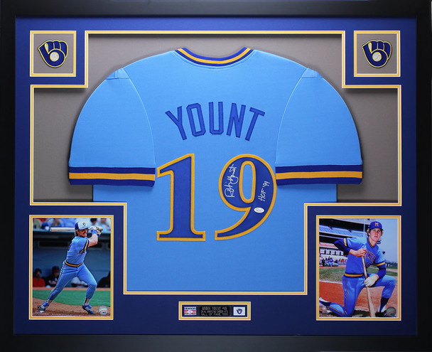 Robin Yount Autographed HOF 99 and Framed Blue Brewers Jersey Auto PSA COA