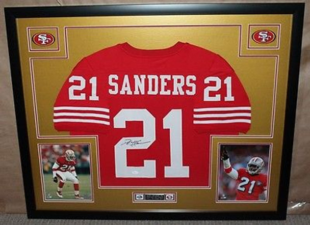 Deion Sanders Autographed and Framed Red 49ers Jersey