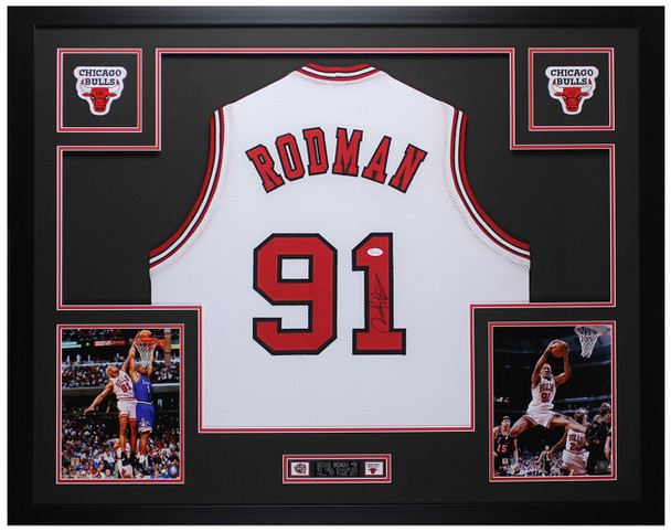 Dennis Rodman Autographed Framed White Chicago Chicago Bulls Jersey Auto JSA COA