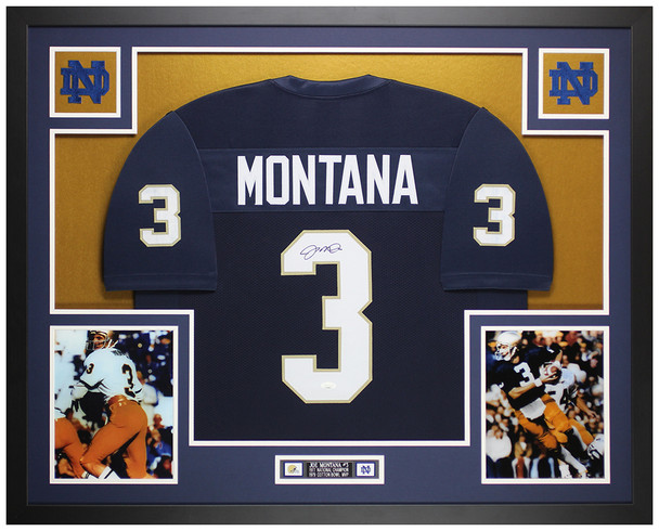 Joe Montana Autographed and Framed Blue Notre Dame Fighting IrishJersey JSA COA