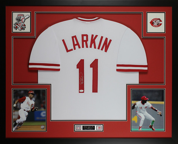 Barry Larkin Autographed and Framed Cincinnati Reds Jersey