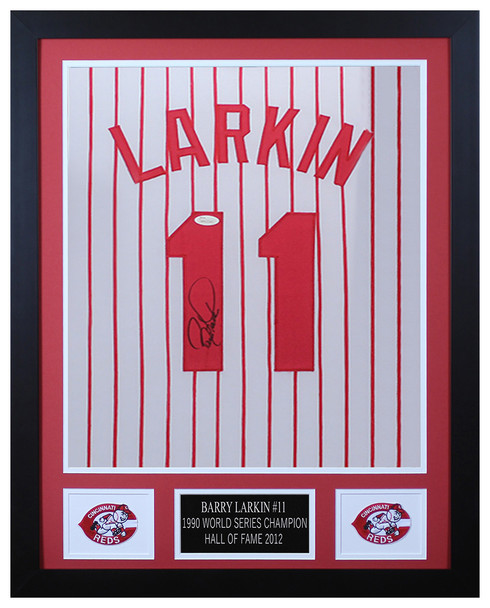 Barry Larkin Autographed and Framed Cincinnati Reds Jersey