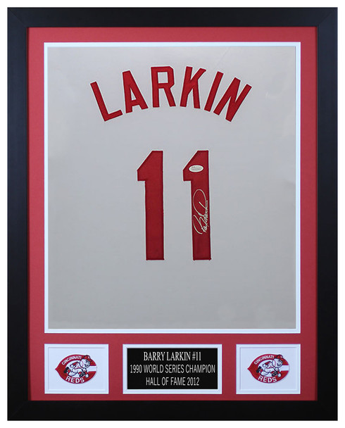Barry Larkin Autographed and Framed Cincinnati Reds Jersey