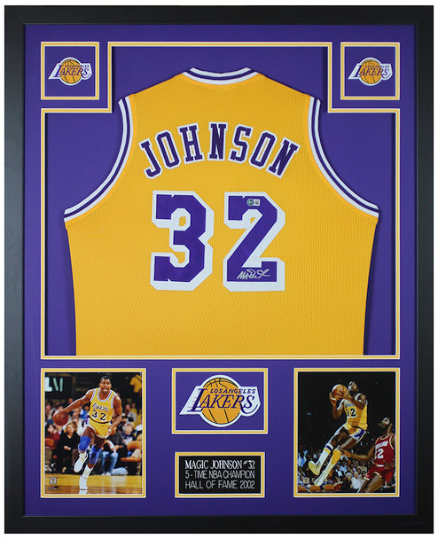 Magic Johnson Autographed and Framed Yellow Lakers Jersey Auto Beckett COA