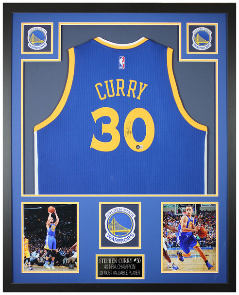 Steph Curry Autographed & Framed Blue Warriors Jersey Auto Beckett COA
