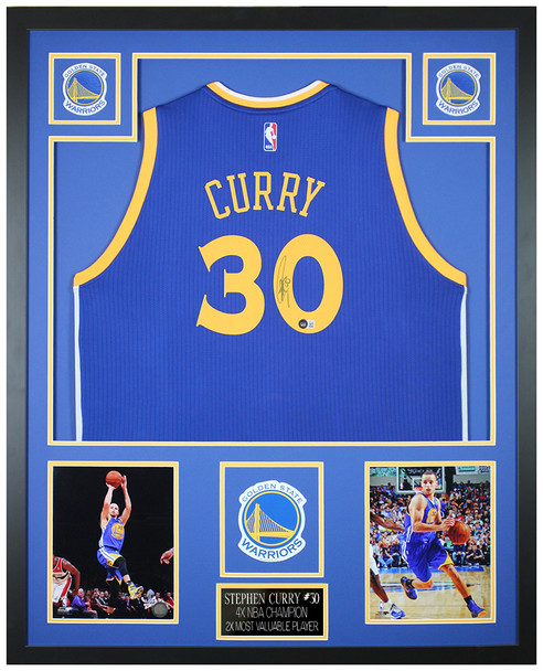 Steph Curry Autographed and Framed Blue Warriors Jersey Auto Beckett COA