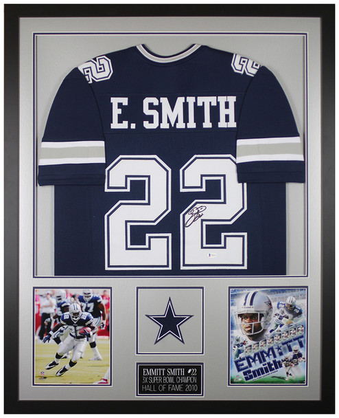 Emmitt Smith Autographedand Framed Blue Dallas Cowboys Jersey Auto Beckett Cert