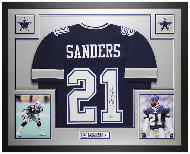 Deion Sanders Autographed and Framed Blue Dallas Jersey Auto Beckett COA