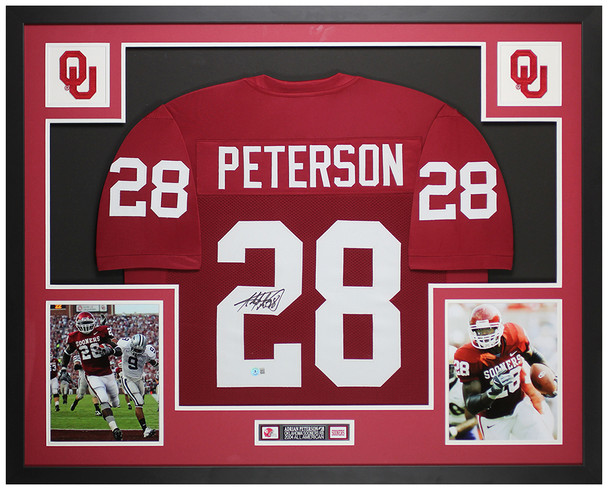 Adrian Peterson Autographed and Framed Maroon Oklahoma Jersey Auto Beckett COA