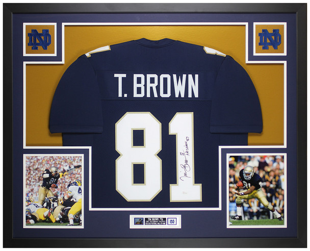 Tim Brown Autographed & Framed Blue Notre Dame Jersey Auto JSA COA