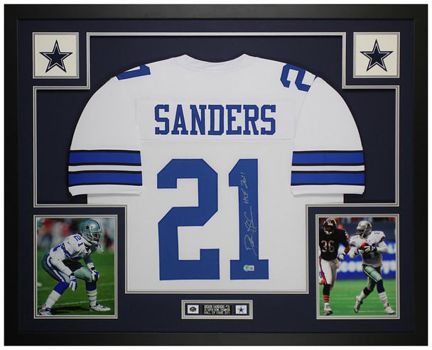 Deion Sanders Autographed and Framed White Dallas Jersey Auto Beckett COA
