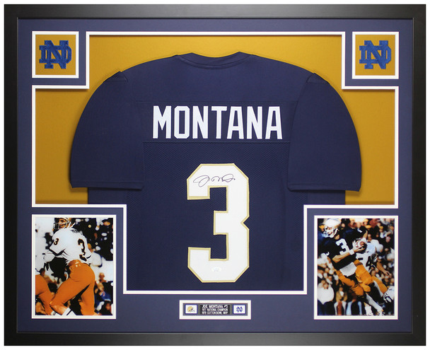 Joe Montana Autographed & Framed Blue Notre Dame Jersey Auto JSA COA