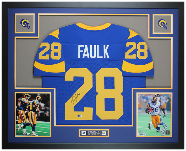 Marshall Faulk Autographed and Framed Blue St Louis Jersey Auto Beckett COA