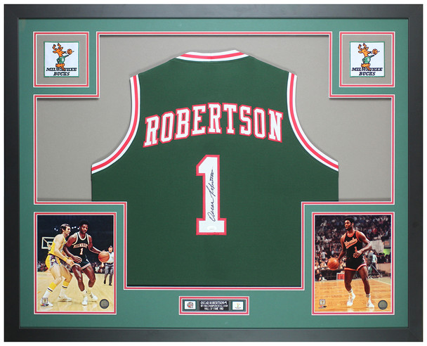Oscar Robertson Autographed and Framed Green Milwaukee Jersey Auto JSA COA