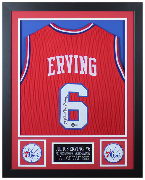 Julius Erving Autographed and Framed Red Philadelphia Jersey Auto Beckett Cert