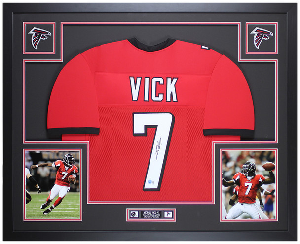 Michael Vick Autographed & Framed Red Atlanta Jersey Auto Beckett Certified Michael Vick Autographed & Framed Red Atlanta Jersey Auto Beckett Certified