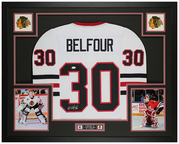 Ed Belfour Autographed & Framed White Chicago Jersey Auto JSA Certified