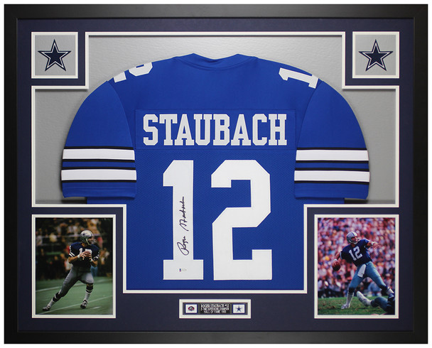 Roger Staubach Autographed & Framed Blue Dallas Jersey Auto Beckett Certificate