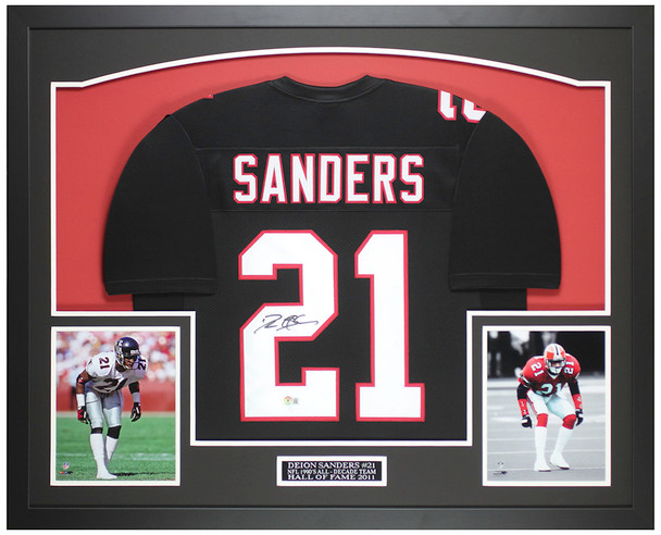 Deion Sanders Autographed & Framed Black Atlanta Jersey Auto Beckett Certified