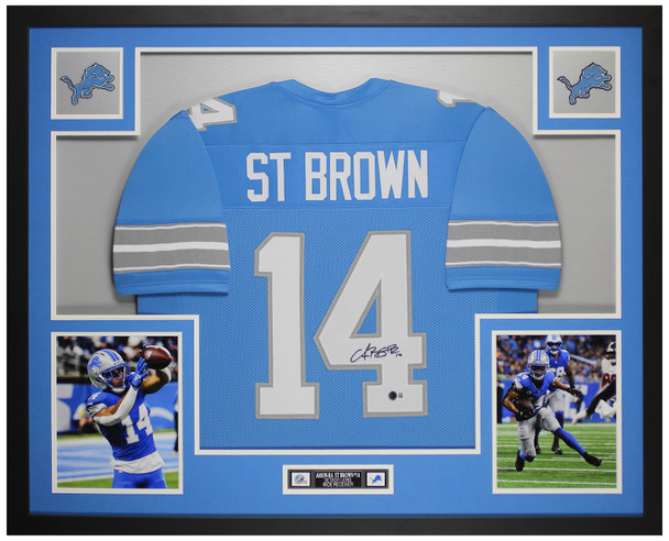 Amon-Ra St Brown Autographed & Framed Blue Detroit Jersey Auto Beckett Certified