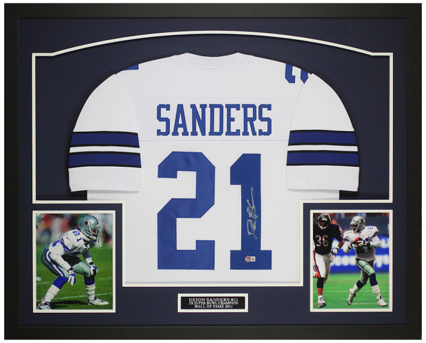 Deion Sanders Autographed & Framed White Dallas Jersey Auto Beckett Certified
