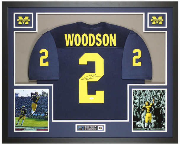 Charles Woodson Autographed & Framed Blue Michigan State Jersey Auto JSA Certified