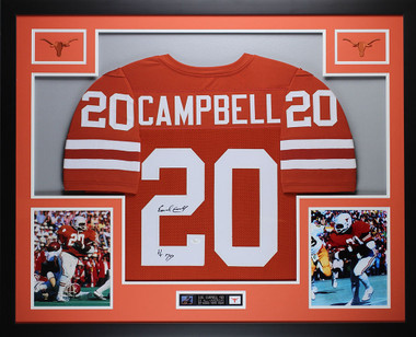 Earl Campbell Autographed HT 77 and Framed White Texas Longhorns Jersey JSA COA