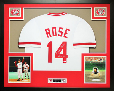 Pete Rose Autographed and Framed Gray Reds Jersey Auto JSA COA