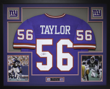 Lawrence Taylor Signed New York Giants 35x43 Custom Framed Blue Jersey –