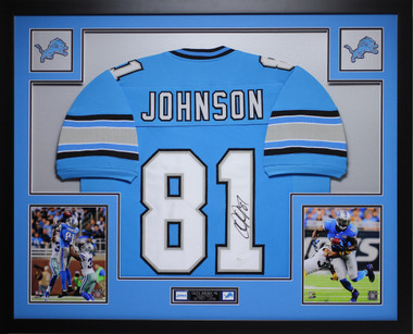 Framed Autographed/Signed Calvin Johnson 33x42 HOF 21 Detroit Black  Football Jersey JSA COA