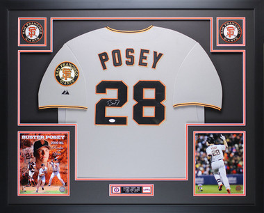 Buster Posey Autographed and Framed Gray Giants Jersey Auto JSA COA (D5-L)