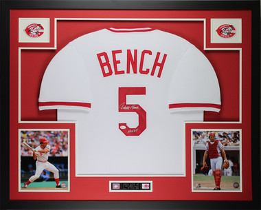 Johnny Bench Autographed HOF 89 & Framed White Reds Jersey