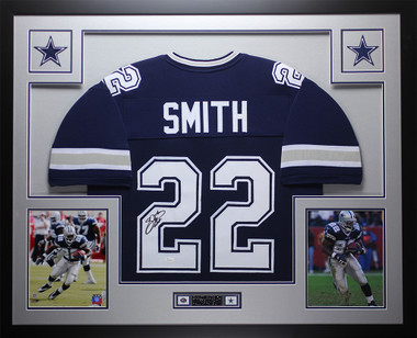 Emmitt Smith Signed Dallas Cowboys 35x43 Custom Framed Blue Jersey (Beckett  COA)