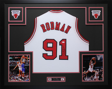 DENNIS RODMAN SIGNED CHICAGO BULLS PRACTICE JERSEY AND SHORTS FRAMED DISPLAY