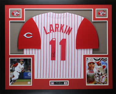 Barry Larkin Autographed and Framed White Pinstriped Reds Jersey