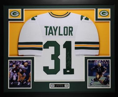 Jim Taylor Autographed HOF 76 and Framed White Packers Jersey