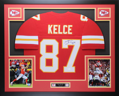 Press Pass Collectibles Travis Kelce Authentic Signed Red Pro Style Framed Jersey BAS Witnessed