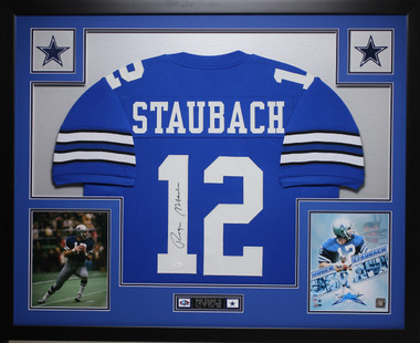 Roger Staubach Autographed Blue Dallas Jersey - Beautifully Matted and  Framed - Hand Signed By Staubach and Certified Authentic by Beckett -  Includes