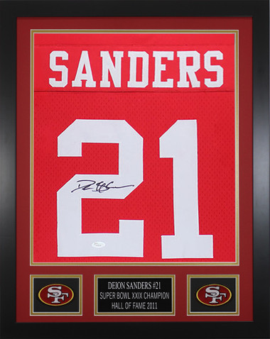 Deion Sanders Autographed and Framed Red 49ers Jersey