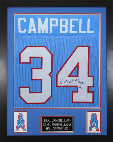 Earl Campbell Autographed & Framed White Oilers Jersey Auto JSA COA
