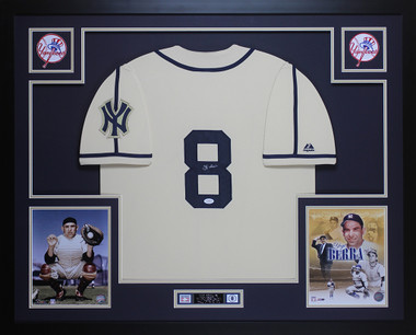 Yogi Berra Autographed and Framed White Pinstripe Yankees Jersey